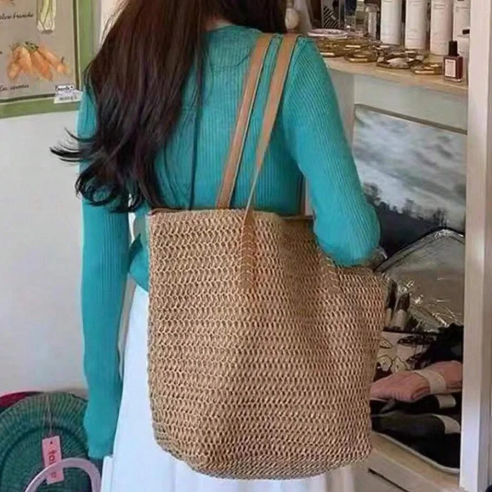 Woven Straw Tote Bag with Brown Leather Handles